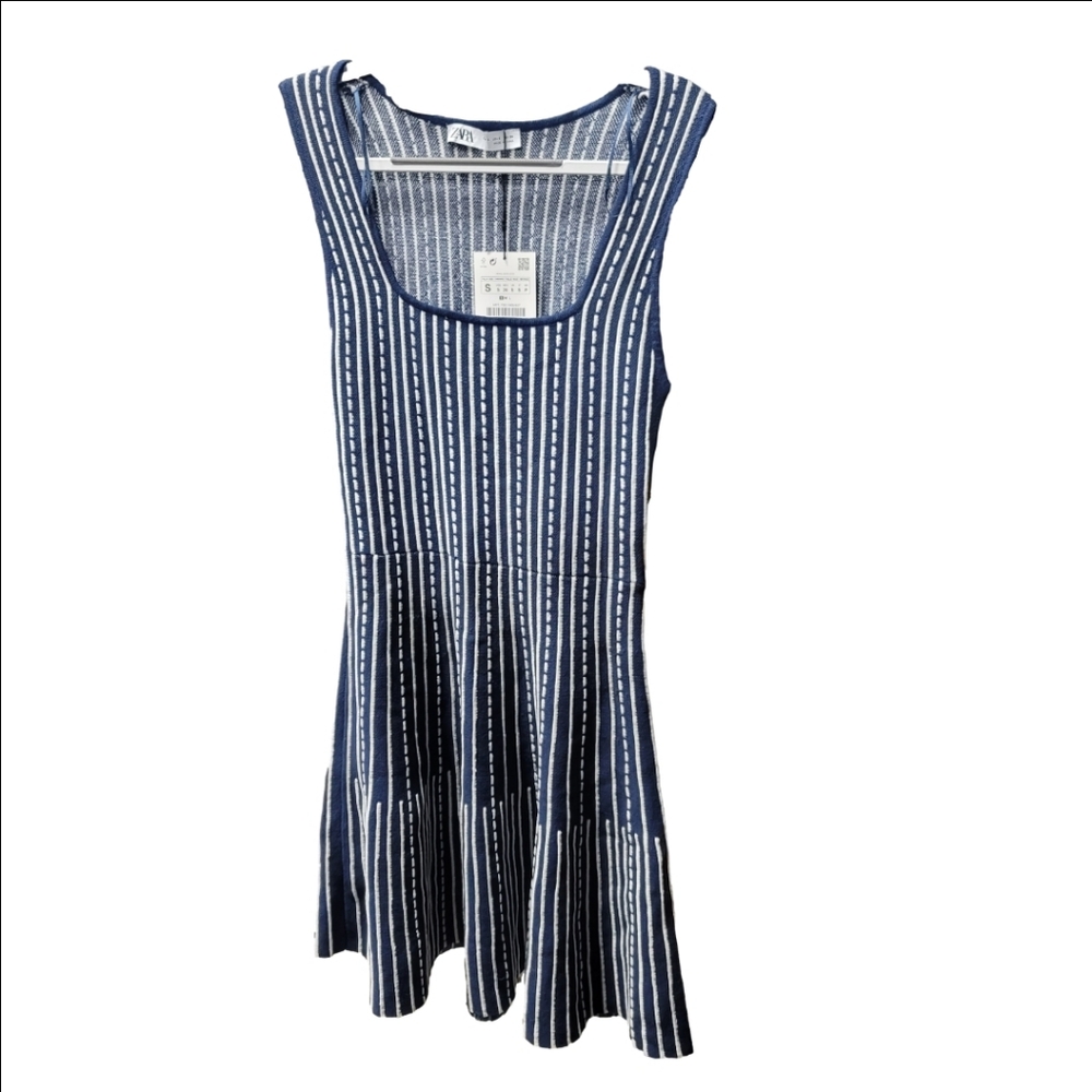 NWT Zara Navy & White Striped Fit & Flare Skater Mini Dress - Small - Picture 9 of 13